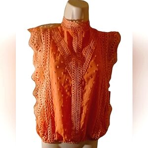 Chic Orange Lace Eyelit Ruched Sleeveless Blouse Size XS Nwt